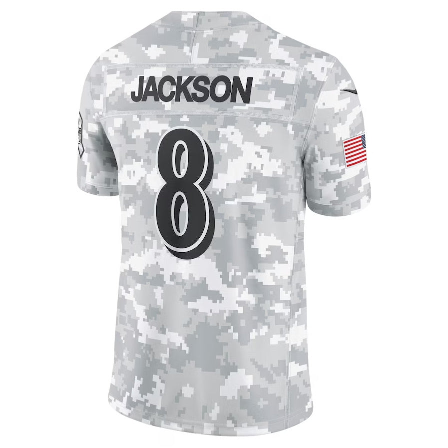 B.Ravens #8 Lamar Jackson Arctic Camo 2024 Salute to Service Limited Stitched American Football Jerseys