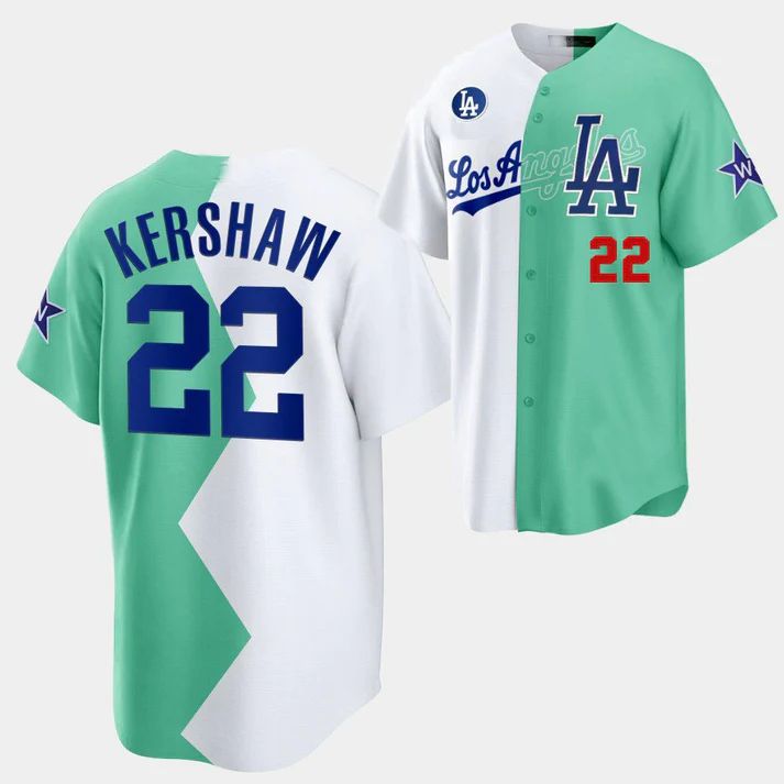 Los Angeles Dodgers #22 Clayton Kershaw White Green 2022 Stitched Split Jersey Baseball Jerseys