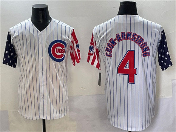 Chicago Cubs #4 Pete Crow-Armstrong White Pinstripe 2025 Independence Day Vapor Premier Limited Stitched Baseball Jersey