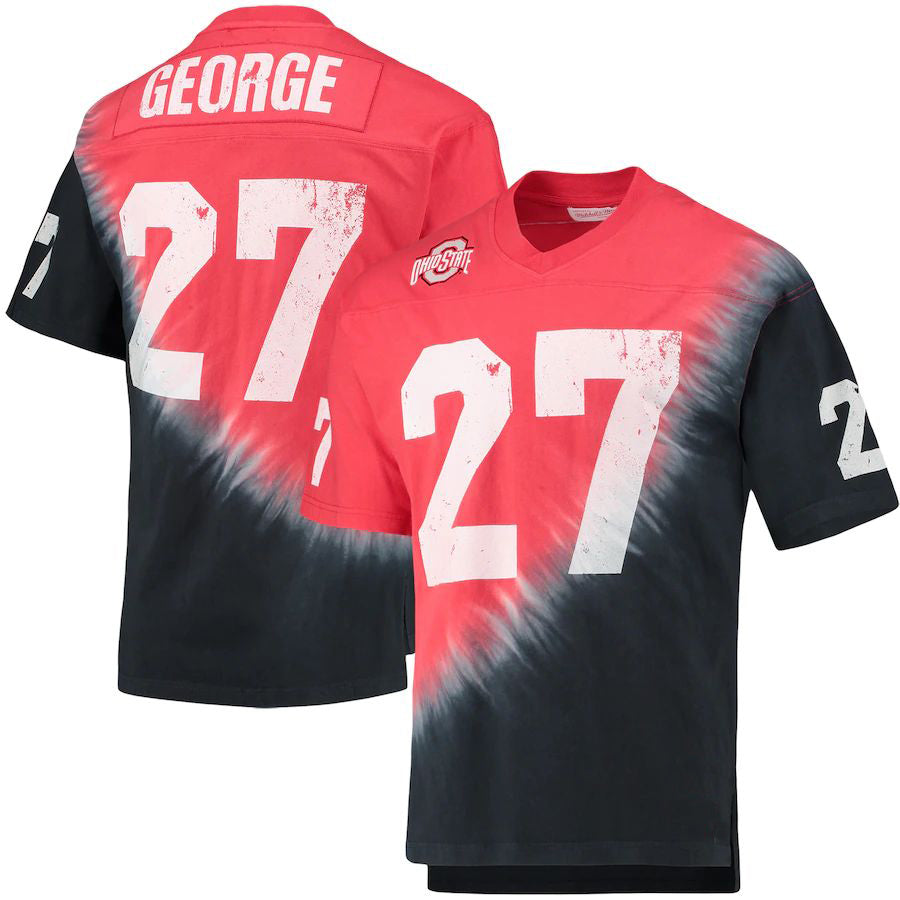 O.State Buckeyes #27 Eddie George Mitchell & Ness Name & Number Tie-Dye V-Neck T-Shirt Black Scarlet Football Jersey Stitched American College Jerseys
