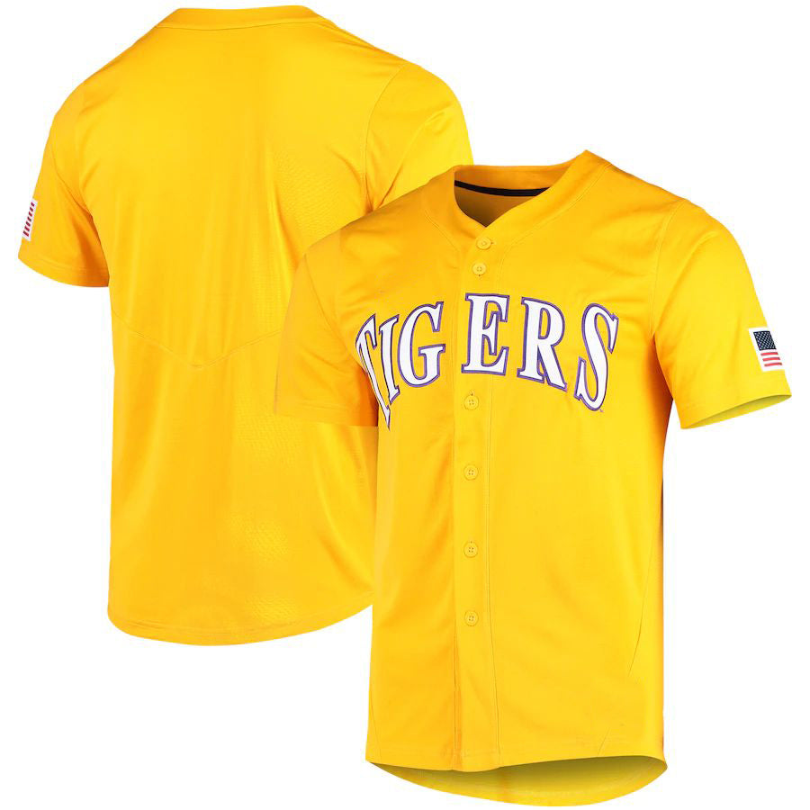 L.Tigers Vapor Untouchable Elite Replica Full-Button Baseball Jersey Gold Stitched American College Jerseys