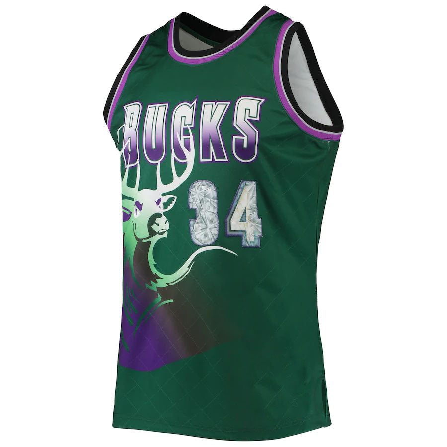 M.Bucks #34 Ray Allen Mitchell & Ness 1996-97 Hardwood Classics 75th Anniversary Diamond Swingman Jersey Green Stitched American Basketball Jersey