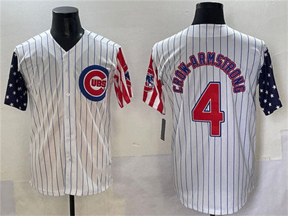 Chicago Cubs #4 Pete Crow-Armstrong White Pinstripe 2025 Independence Day Vapor Premier Limited Stitched Baseball Jersey