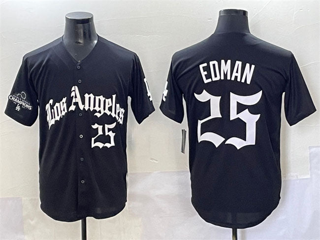 Los Angeles Dodgers #25 Tommy Edman Black Mexico 2025 LA Gothic Style With 2024 World Series Champions Patch Vapor Premier Limited Stitched Baseball Jersey