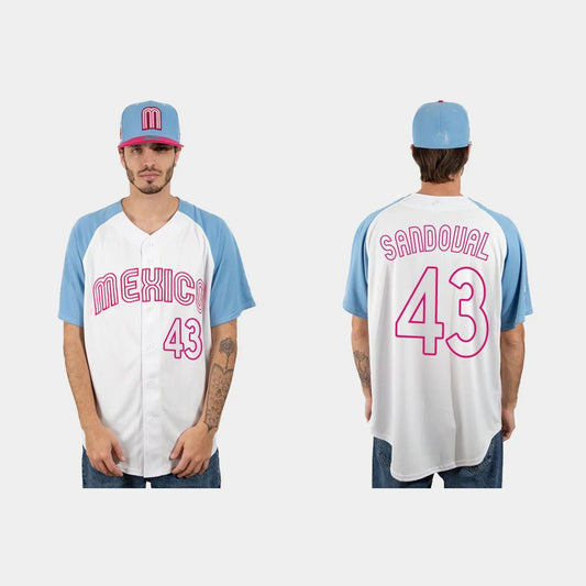 #43 PATRICK SANDOVAL MEXICO BASEBALL 2023 WORLD BASEBALL CLASSIC JERSEY ¨C WHITE BLUE Stitches Baseball Jerseys