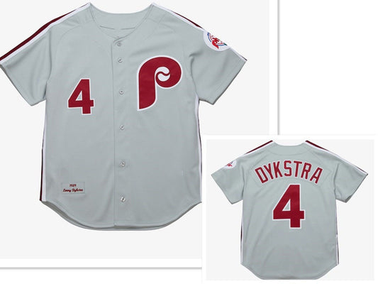 Philadelphia Phillies #4 Lenny Dykstra Mitchell and Ness Grey 1989 Throwback Stitched Baseball Jersey